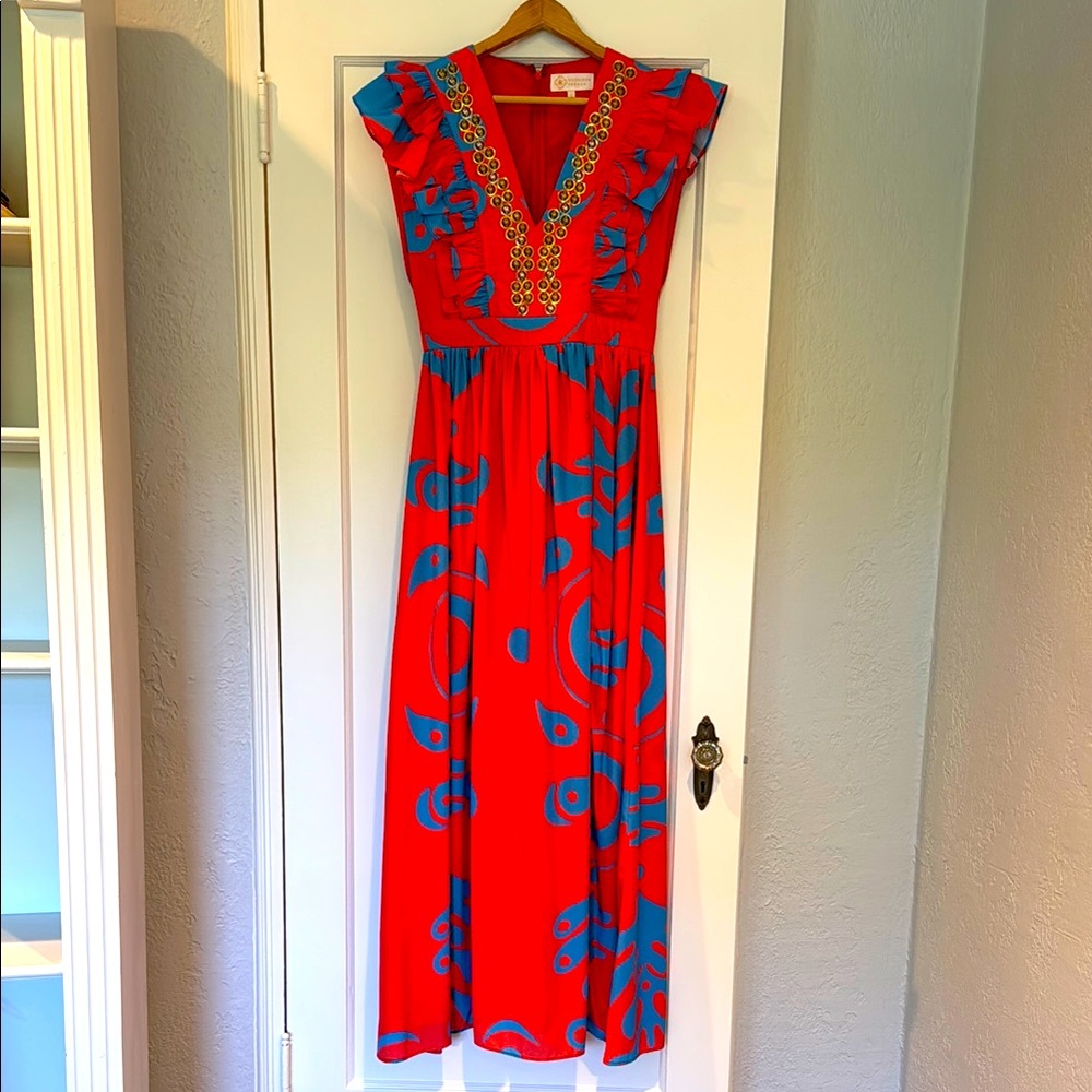 Poppy orange and vibrant blue Patterned Maxi Dress with brass detailing